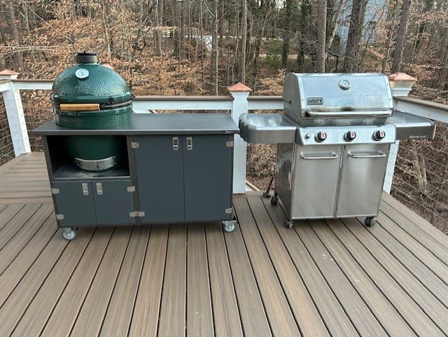 Outdoor grills on a deck.