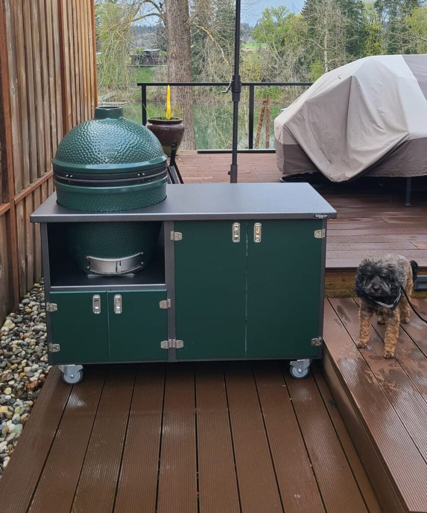 Alpha Series grill cart with Big Green Egg grill, on outdoor deck